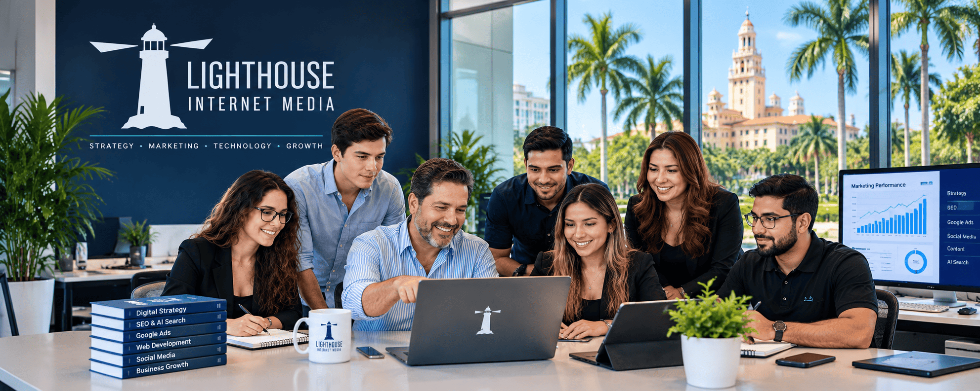 Illustrative office collaboration image for Lighthouse Internet Media